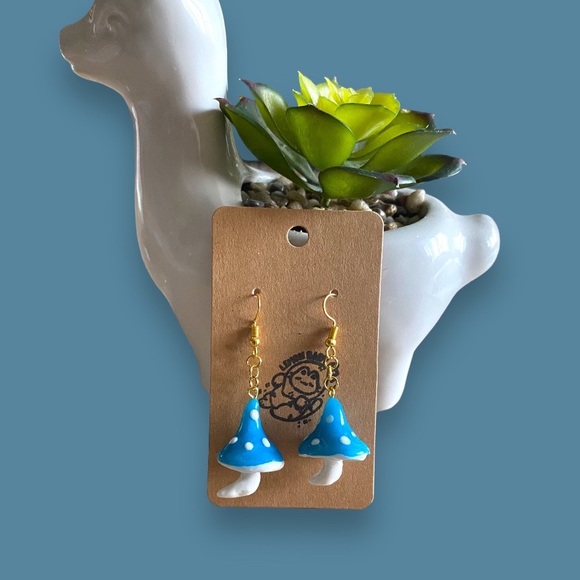 Handmade Blue Teal Mushroom Cottagecore Dangle Earrings - Polymer Clay and Resin - Picture 3 of 4